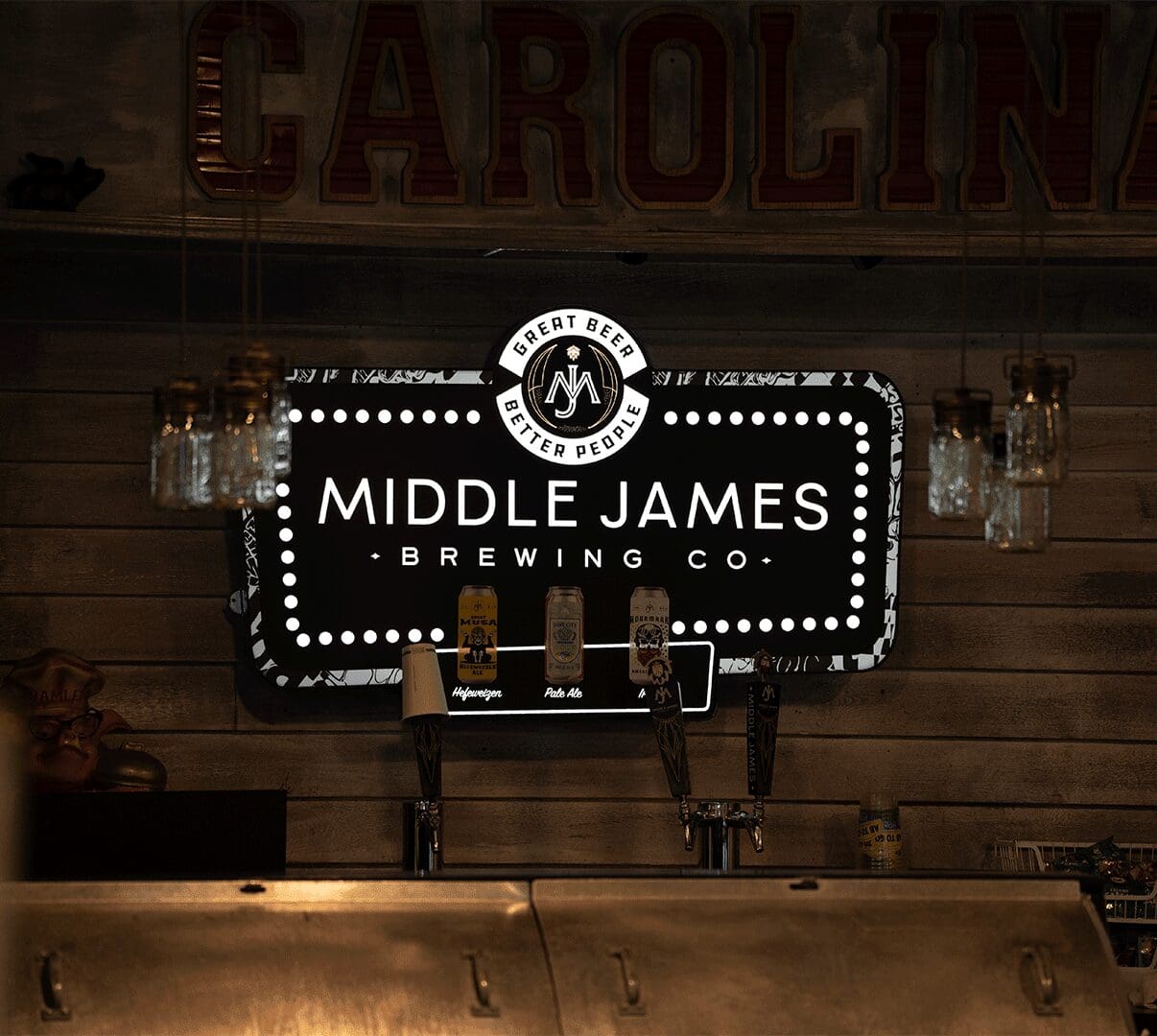 Lit Middle James Brewing Co. bar sign